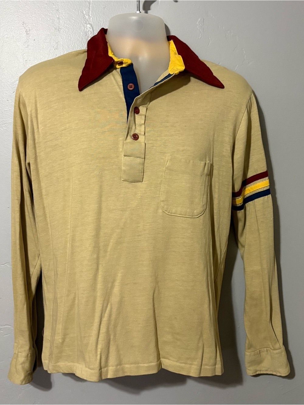 Vintage Polo Shirt Long Sleeve 4 Button Collared Men’s L Tan Maroon Blue  80s